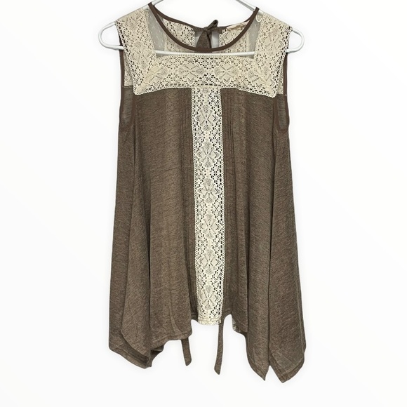 RYU Brown Knit & Cream Lace Back Tie Boho Shabby Chic Tunic Tank Top, Small - Picture 9 of 9